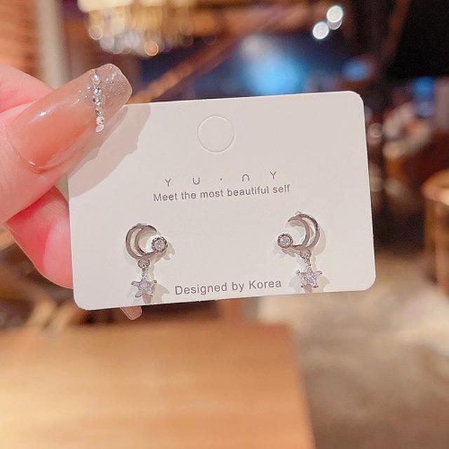 🌹NovaAmi🌹銀針不對稱星月鑽石吊墜耳環