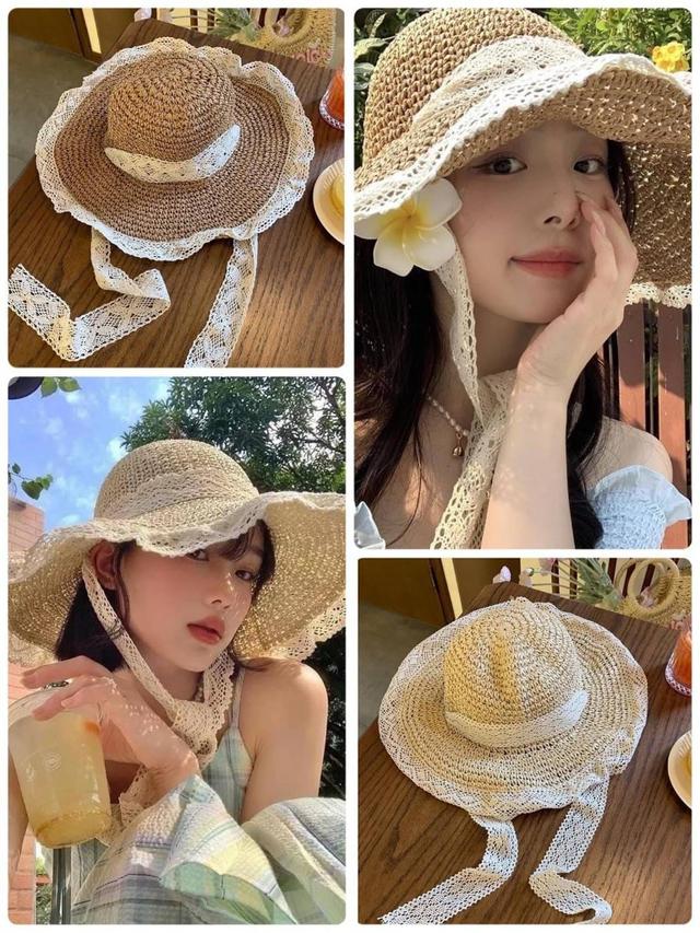 甜美拼接蕾絲編織草帽(預購)