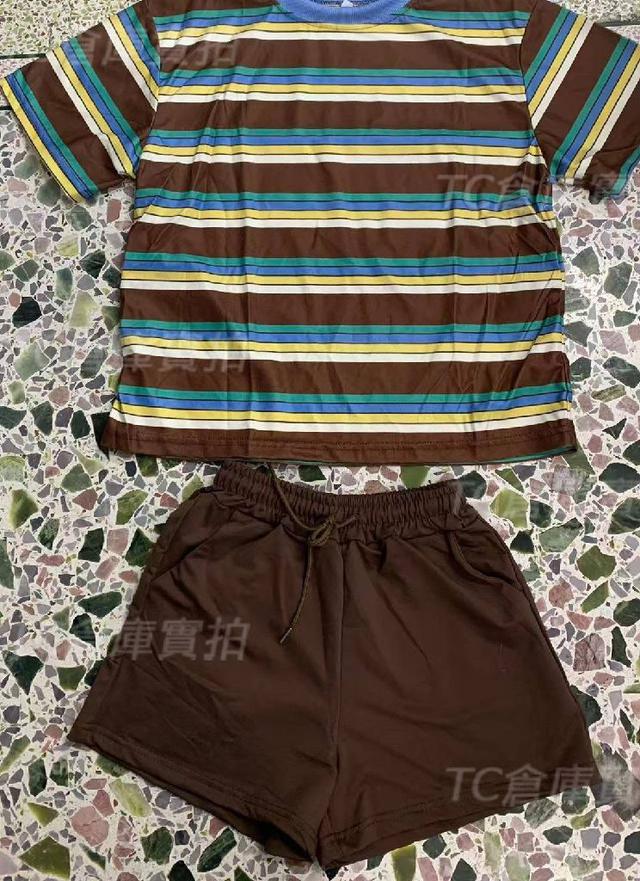 K1582-美式復古條紋學生風短袖＋短褲套裝