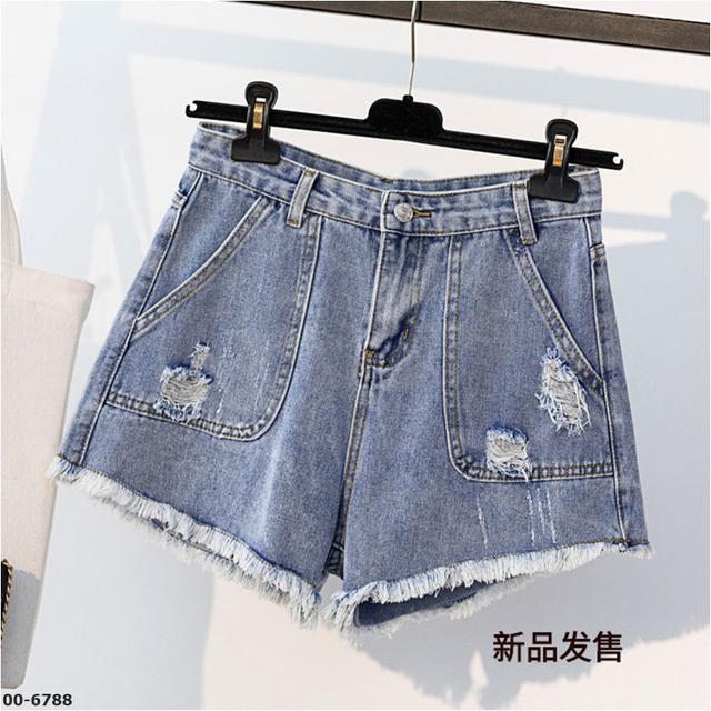 【預購】【0606結單】【批發】夏季毛邊破洞大口袋闊腿牛仔短褲 K6788