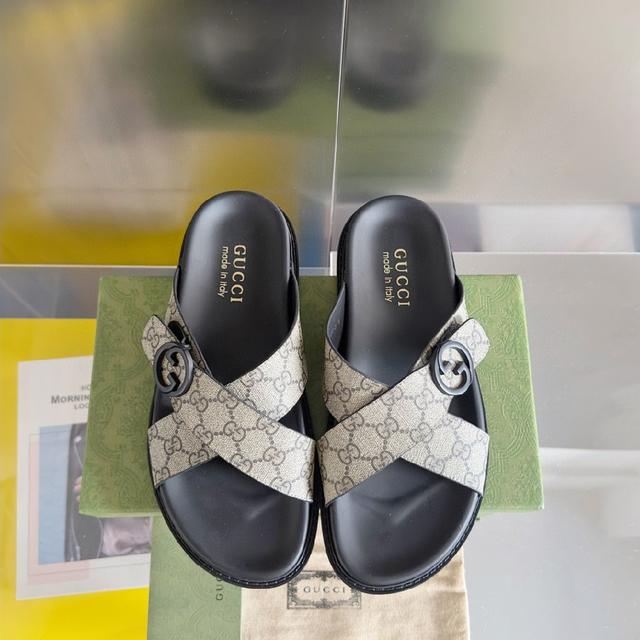 2024Gucci 古奇 夏季新款 双G 老花 夹脚 一字拖 交叉凉鞋 厚底 拖鞋