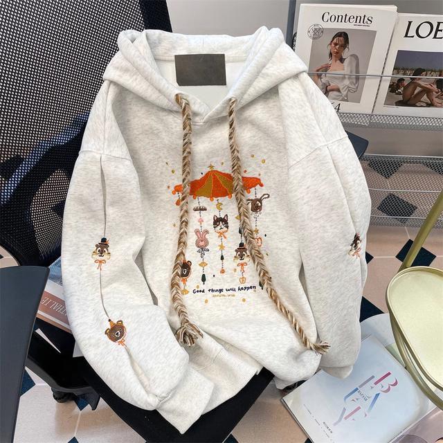 日系可愛風小動物刺繡加絨加厚連帽衛衣(預購)