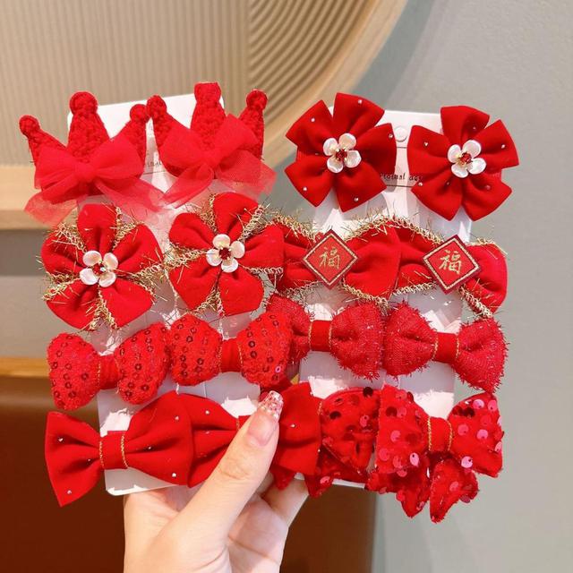 【預購商品】【0109結單】【批發】女童新年拜年大紅色蝴蝶結花朵側邊夾8件套 H571