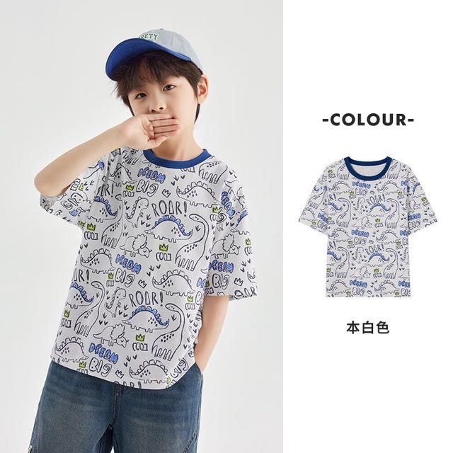 多多家男童恐龍滿印短袖T恤涼感純棉2025新款夏款兒童中大童半袖