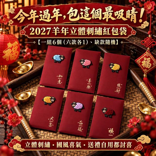 預購 2027羊年立體刺繡紅包袋【一組6個(六款各1)、缺款隨機】-10/20下午3點收單