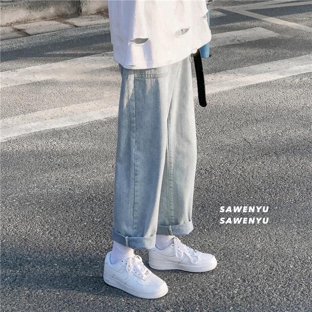 港風男褲春季褲子男寬松學生韓版闊腿直筒牛仔褲男九分褲潮流百搭