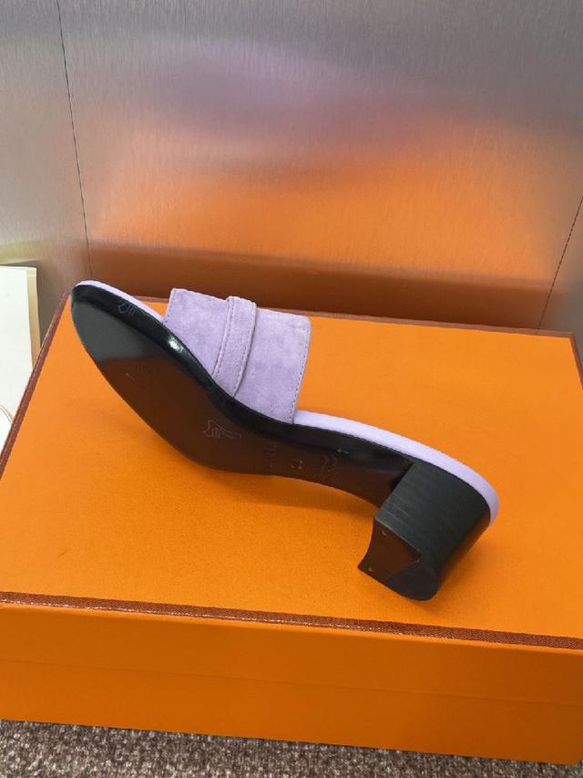 Hermes 春夏经典款 Giulia 粗跟拼色女鞋  H家 平底Kelly五金扣圆