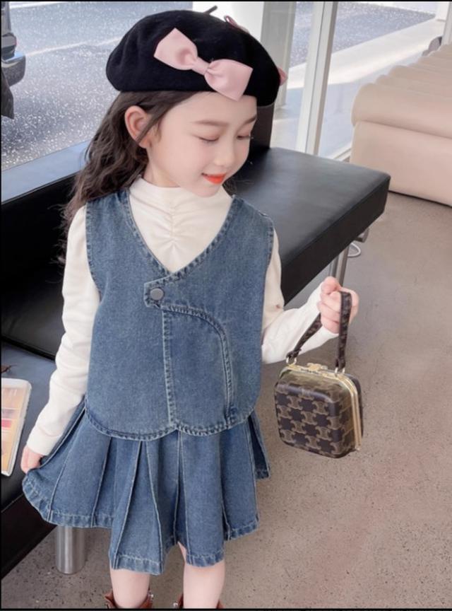 預購  女童秋季牛仔套装馬甲襯衫裙子三件套