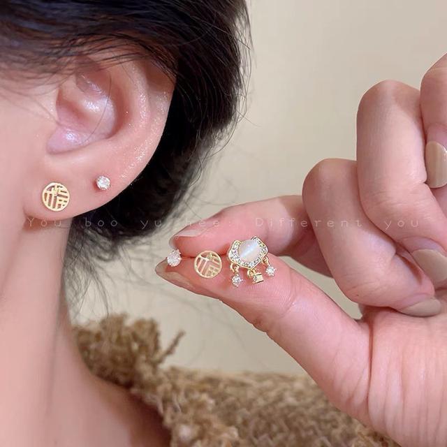 【長期團2025】【預購商品】【批發】韓系氣質福字平安鎖925銀針耳環(三件套) 86081