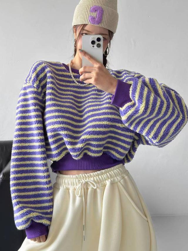 【預購商品】【1120結單】【批發】正韓 羊羔絨條紋上衣 111607♨️正韓服飾♨️