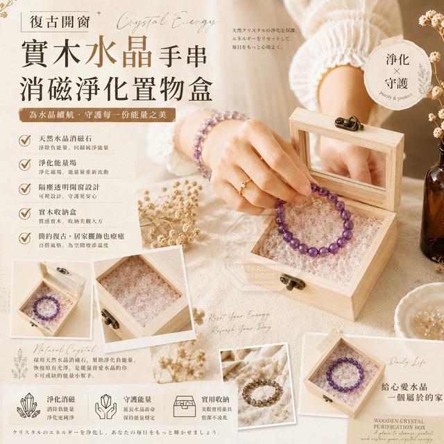 【預購商品】【0918結單】【批發】復古開窗實木水晶手串消磁淨化置物盒 260916-16