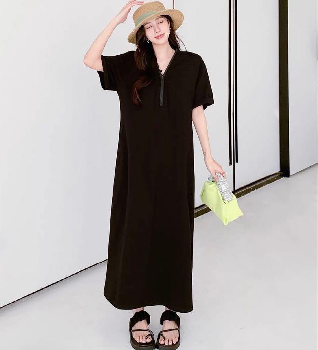 K1576-韓版兩側口袋寬鬆顯瘦拉鍊長版連衣裙