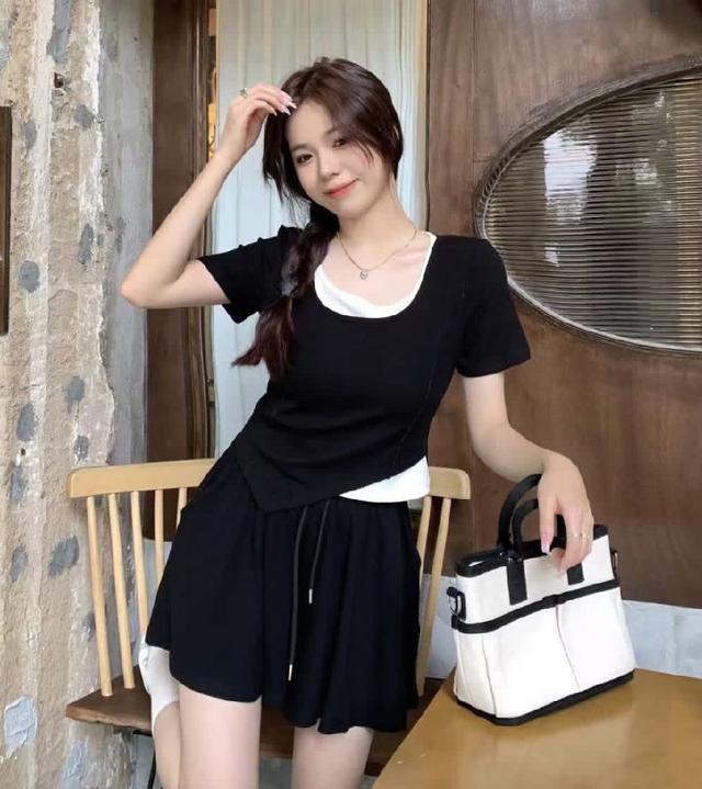 K1571-夏季假兩件拼接設計款上衣＋褲裙套裝