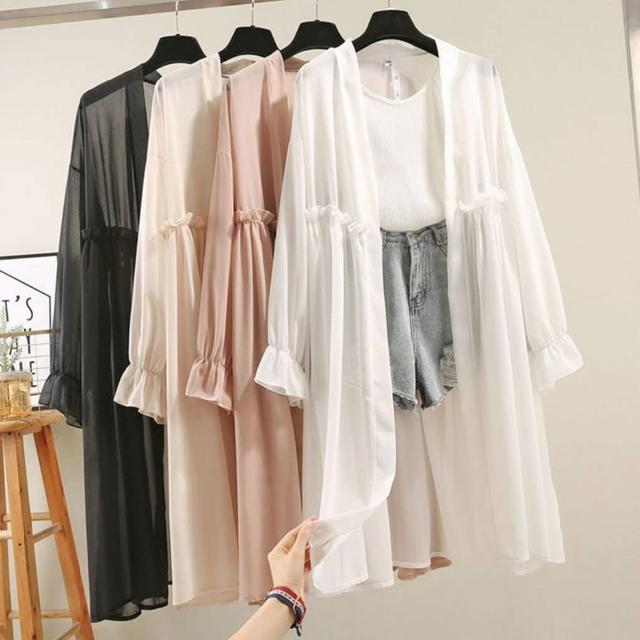 K1373-韓版雪紡紗垂墜披肩中長版防曬外套襯衫