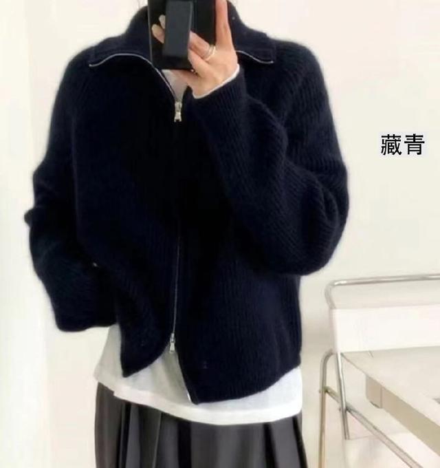 K1515-韓系百搭翻領雙拉鏈毛衣外套