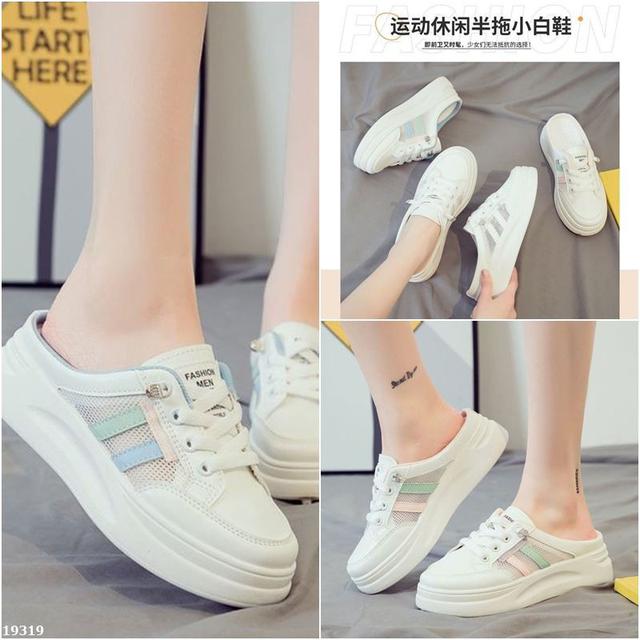 【長期團2025】【預購商品】【批發】韓系時尚條紋網面透氣包頭半拖鞋 19319