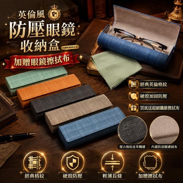【預購商品】【0817結單】【批發】英倫風防壓眼鏡收納盒(加贈眼鏡擦拭布)(買一送一)