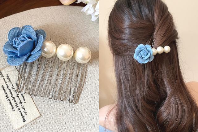 [韓國飾品連線] 正韓 法式優雅氣質布藝花朵珍珠髮叉 📍韓國連線預購收單日：4/19