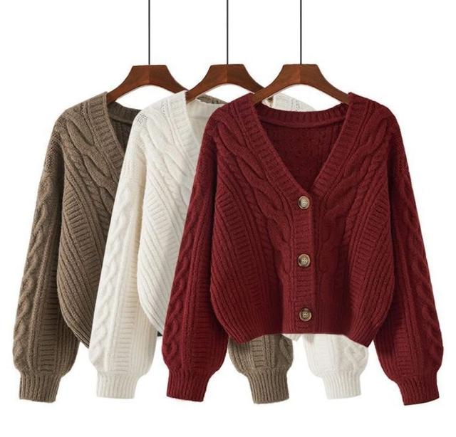 K1512-韓國寬鬆V領麻花針織外套