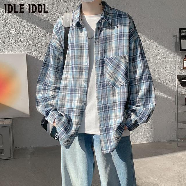 IDLE港風休閒復古男生長袖格子襯衫（預購）