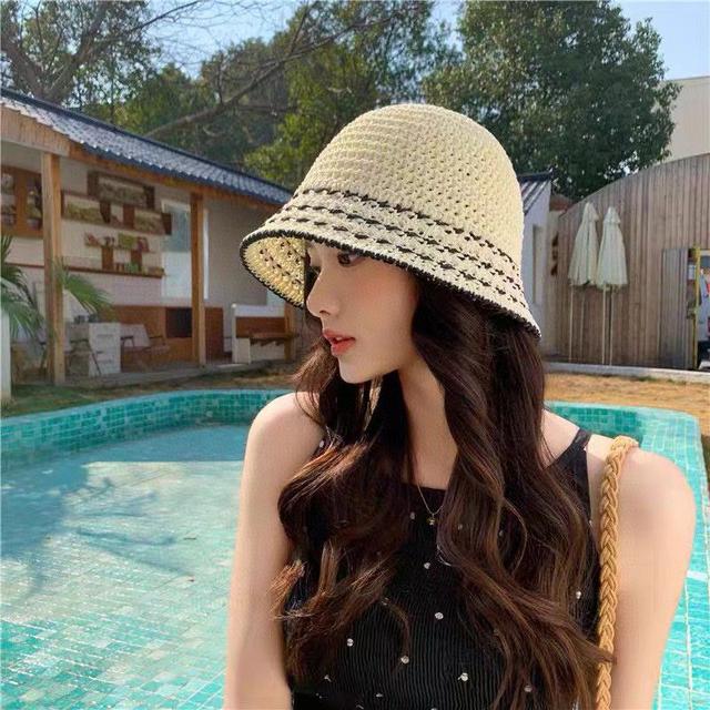 帽子女新款显脸小编织草帽夏季海边遮阳防晒渔夫帽透