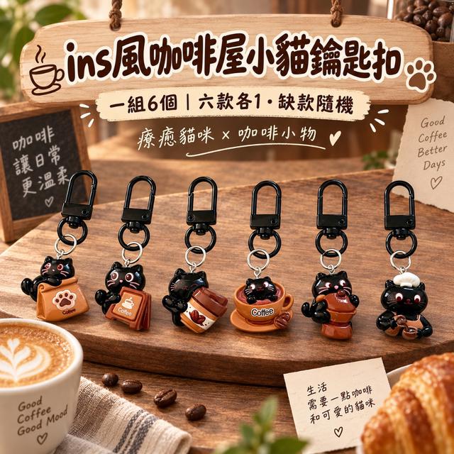 預購 ins風咖啡屋小貓鑰匙扣【一組6個(六款各1)、缺款隨機】-9/22下午3點收單
