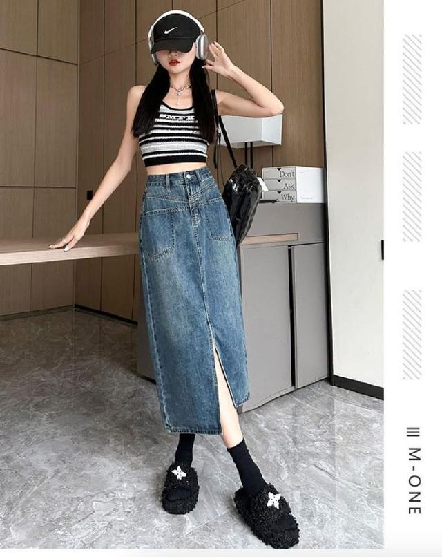 K1552-牛仔高腰遮胯包臀遮肉開衩半身裙