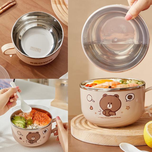 LINE FRIENDS 熊大暖心304不鏽鋼泡麵碗組(附蓋與餐具)#06/01