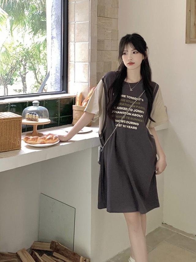 韓版夏季大碼字母撞色拼接百搭連身裙(預購)