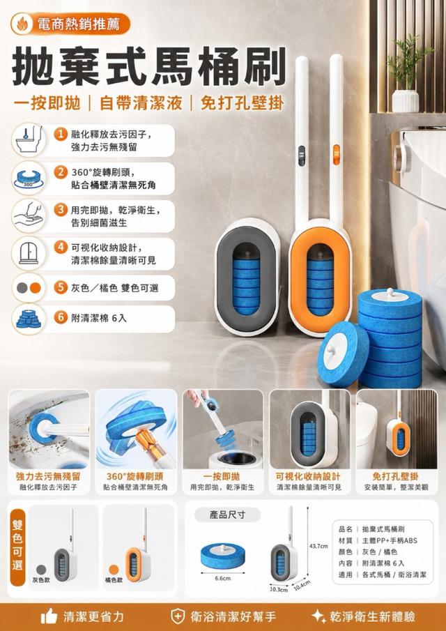 預購 拋棄式360度壁掛馬桶刷+清潔棉6片-8/19號中午12點結單