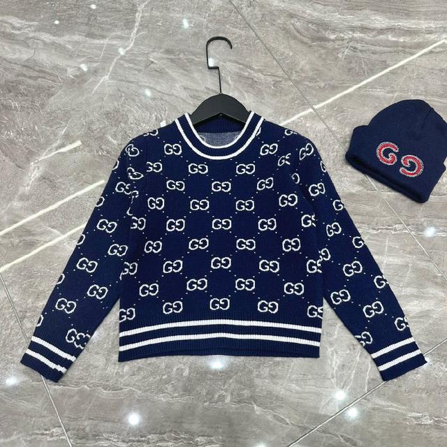 高端童装，男女童套装，三件套，藏青GG羊绒衫，