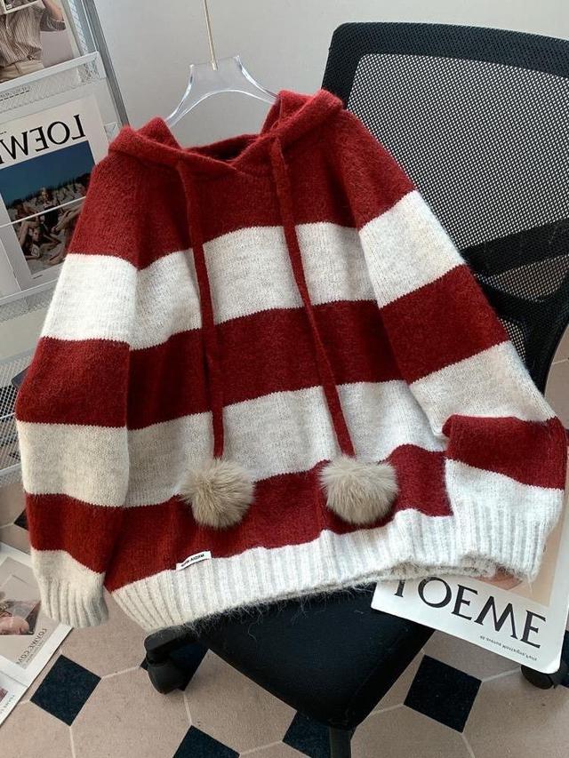 韓系新款慵懶條紋連帽針織上衣(預購)