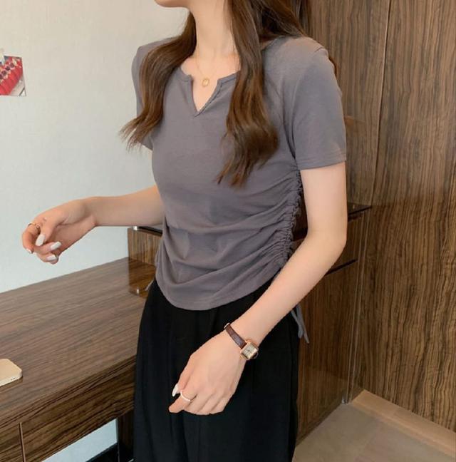 K1567-韓版小V領側抽繩修身短袖T恤