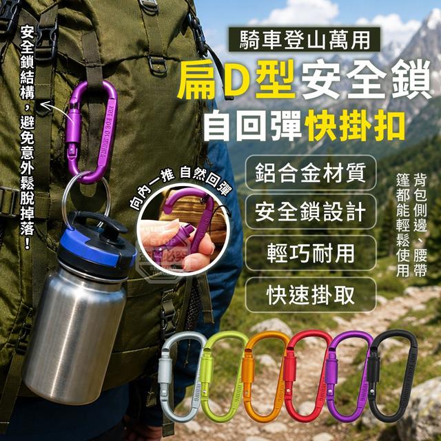 【預購商品】【0626結單】【批發】騎車登山萬用鋁合金 扁D型安全鎖自回彈快掛扣5入