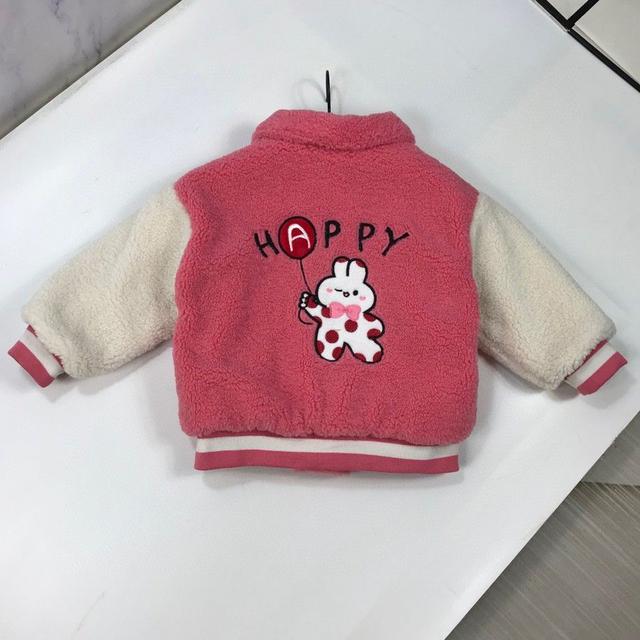 高端童装，女童外套，翻领字母兔子加绒棒球服毛毛衣外套