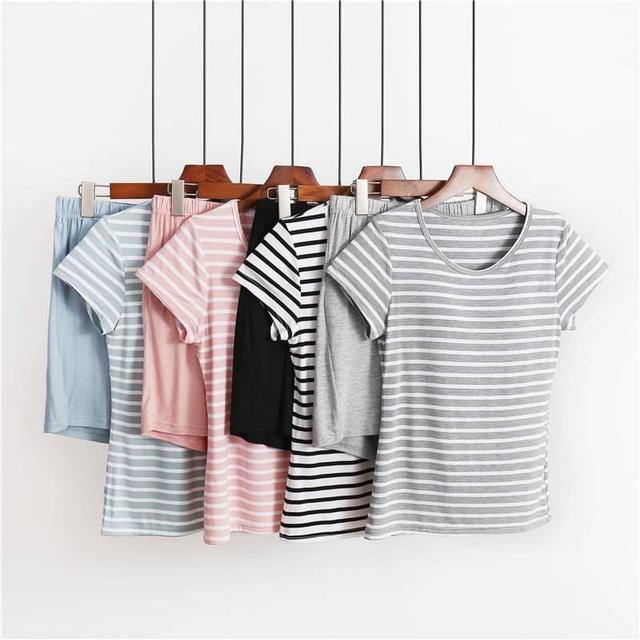 【預購商品】【0422結單】【批發】莫代爾棉-條紋胸墊短袖居家服 240419-09