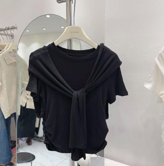 K1541-莫代爾披肩假兩件縮腰設計上衣T恤
