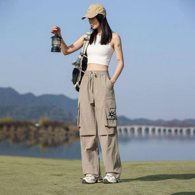 情侣夏季薄款户外运动休闲冰丝口袋褶皱休闲裤伞兵