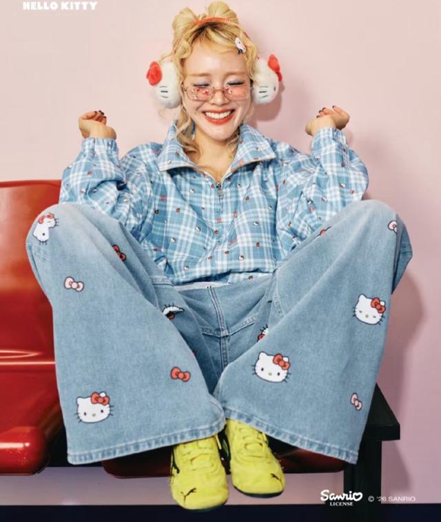 Hello Kitty 蝴蝶結刺繡牛仔寬褲#09/12