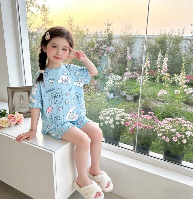 K1540-卡通女童花邊短袖+短褲睡衣套裝