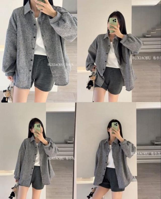 K1484-加厚毛呢條紋襯衫外套