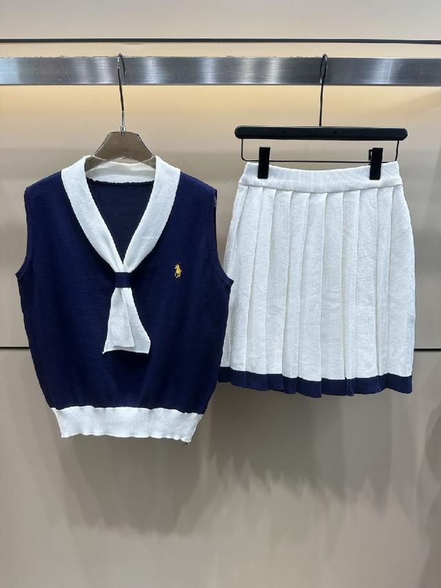 夏季新款翻领拼色针织短袖➕半裙两件套套装