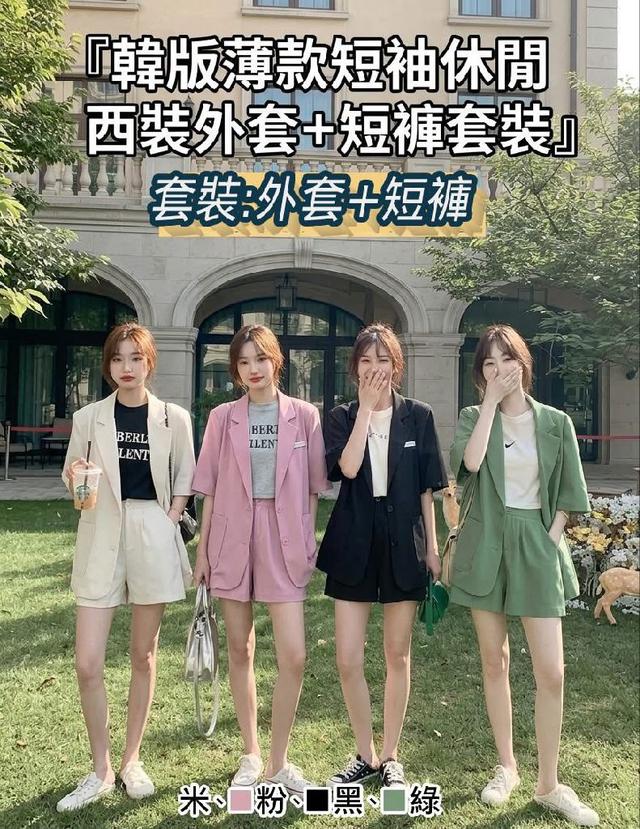 K1568-韓版薄款短袖休閒西裝外套＋短褲套裝