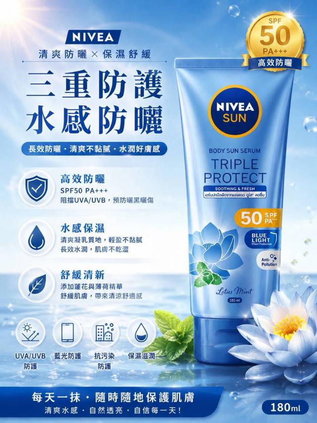 公司貨- NIVEA 妮維雅三重防護水感防曬凝乳180ml (涼感) -8/25下午3點收單