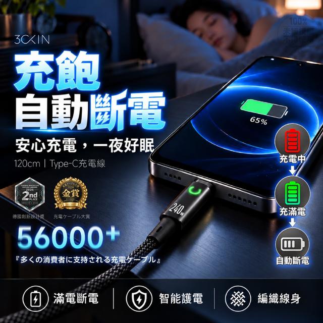 預購 KIN®240W智能自動斷電Type-C快充數據線 120cm-11/4號中午12點結單
