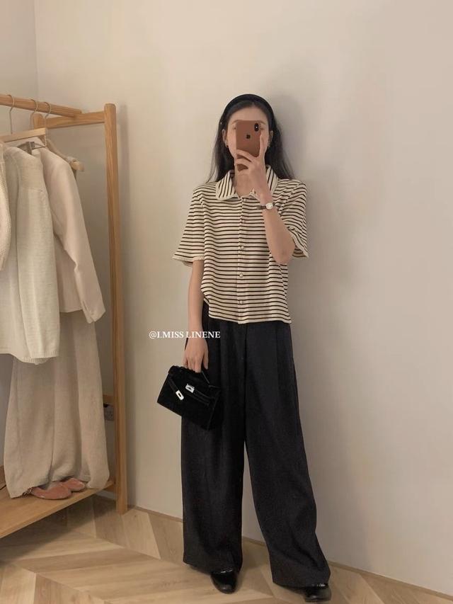 條紋ᴘᴏʟᴏ蕾絲小翻領上衣