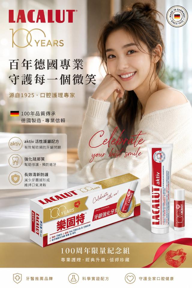 預購 100周年紀念新包裝 樂固特LACALUT 牙齦強化牙膏 75ml＋護唇膏組合-8/26號中午12點結單