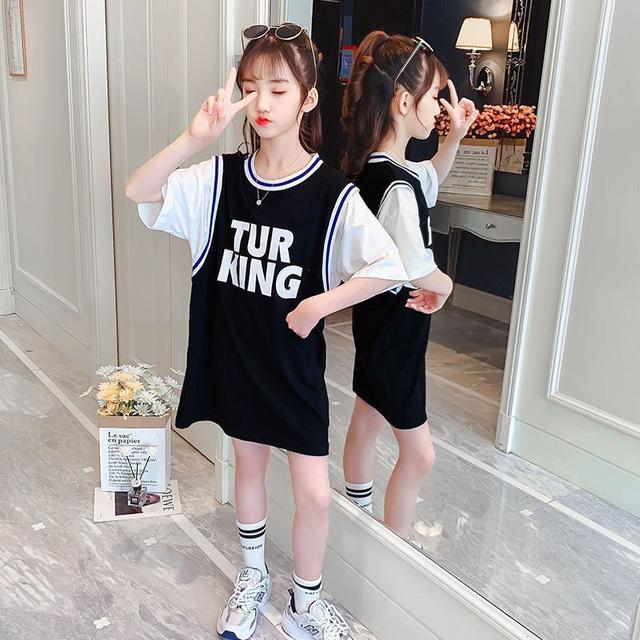 韓版夏季女童假兩件籃球服連衣裙(預購)