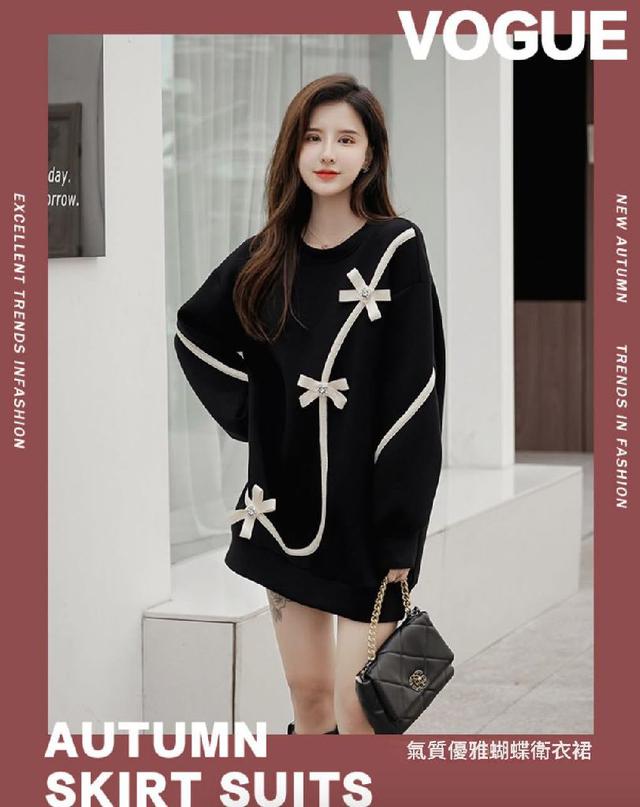 K1503-立體蝴蝶結顯瘦遮肚連衣裙中長版衣