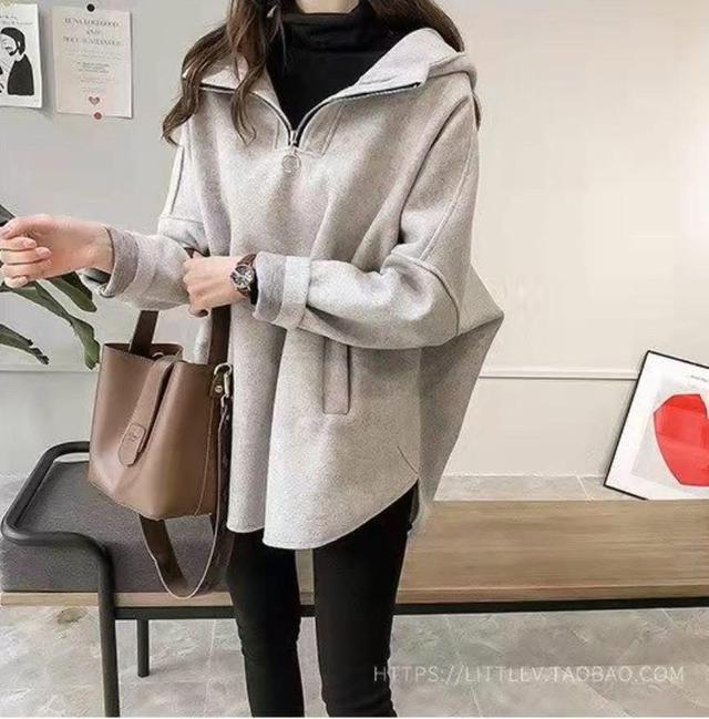 K1522-厚磅加絨口袋半拉鍊連帽中長版上衣